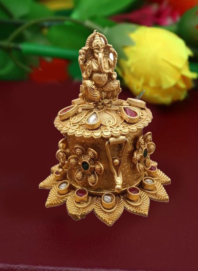 Stotram Brass Antique Ganesh Kempu Sindoor Box Gold Plated Sidoor Box/Wedding Gift/Pooja Accessory/Kumkum box (Kempu Sindoor Box) - Image 4